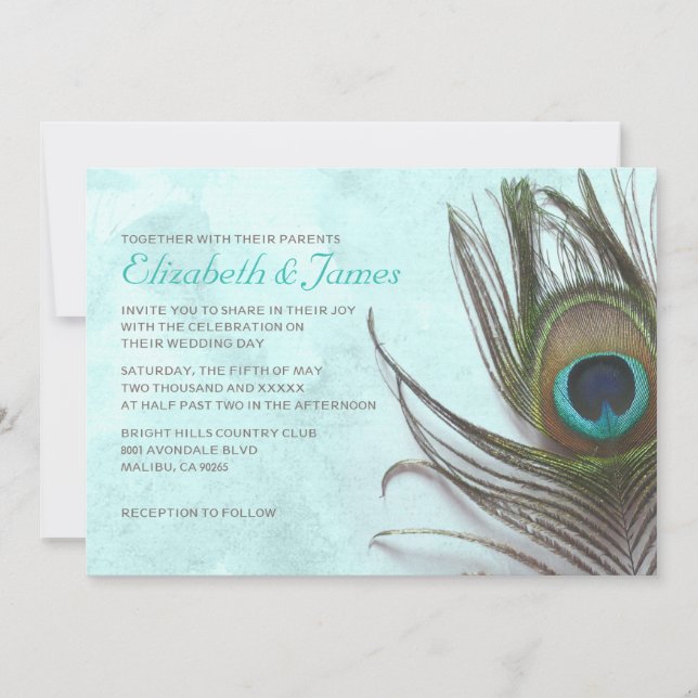 Antique Peacock Feather Wedding Invitations (Front)