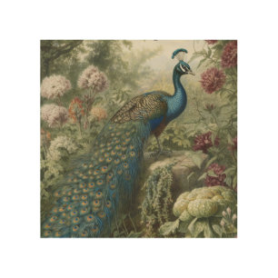 Antique Peacock Wildflower Garden Rustic  Wood Wall Art