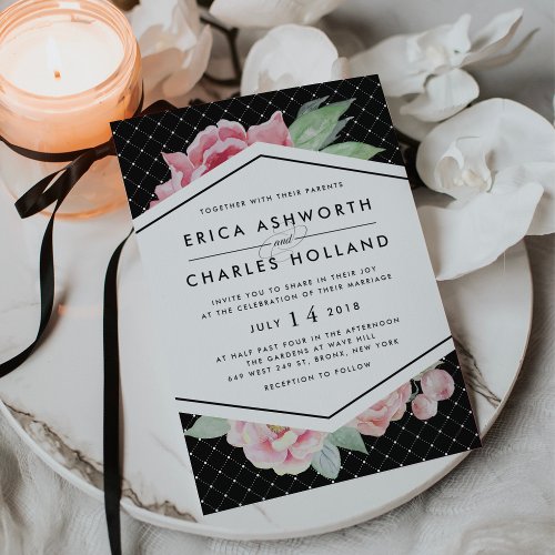 Antique Peony  Blush and Black Wedding Invitation