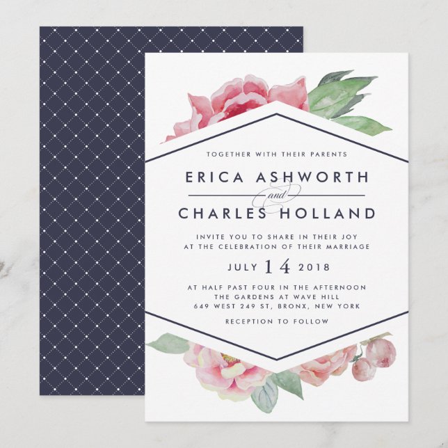 Antique Peony | Blush and Navy Wedding Invitation (Front/Back)