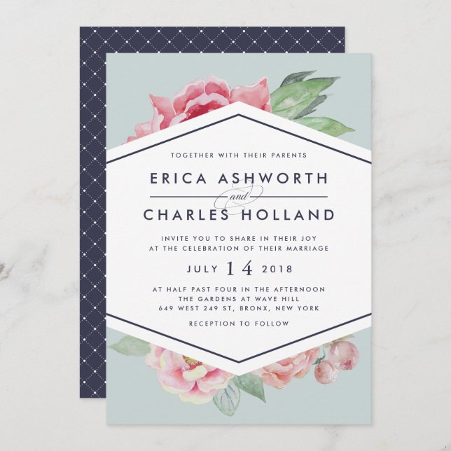 Antique Peony | Blush and Sage Wedding Invitation (Front/Back)