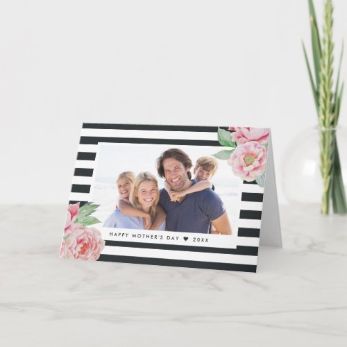 Antique Peony Charcoal Stripe  Mothers Day Photo Card
