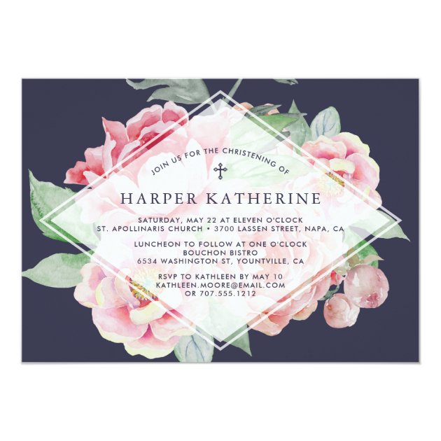 Antique Peony Christening Or Baptism Invitation