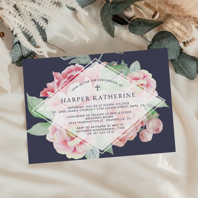 Antique Peony Christening or Baptism Invitation (Creator Uploaded)