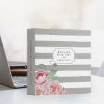 Antique Peony | Gray Stripe Personalized Binder<br><div class="desc">Chic and modern floral binder features a wide warm gray and white striped background with a bouquet of watercolor blush pink and sage green peony flowers peeking out from the corner. Customize the front and spine with your choice of text (like name, business name or binder contents) using the fields...</div>
