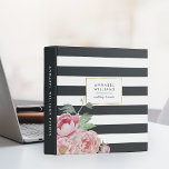 Antique Peony | Midnight Stripe Personalized Binder<br><div class="desc">Chic and modern floral binder features a wide midnight blue off-black and white striped background with a bouquet of watercolor blush pink and sage green peony flowers peeking out from the corner. Customize the front and spine with your choice of text (like name, business name or binder contents) using the...</div>