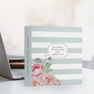 Antique Peony   Mint Stripe Personalized 3 Ring Binder