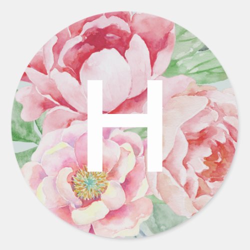 Antique Peony Monogram Classic Round Sticker