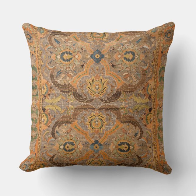 Antique Persian Carpet Brown Orange Throw Pillow (Front)