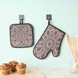 Antique Persian Pattern, Oriental Carpet Oven Mitt & Pot Holder Set
