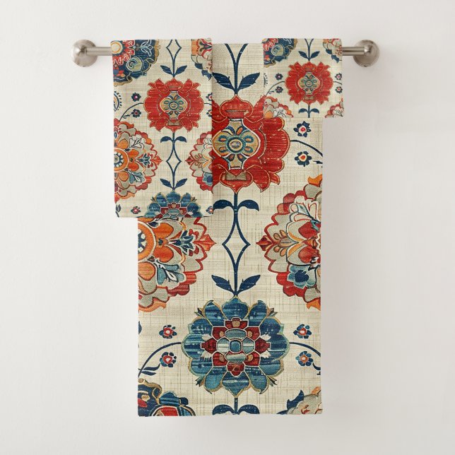 Antique Persian Red Blue Oriental Kilim Floral Rug Bath Towel Set (Insitu)