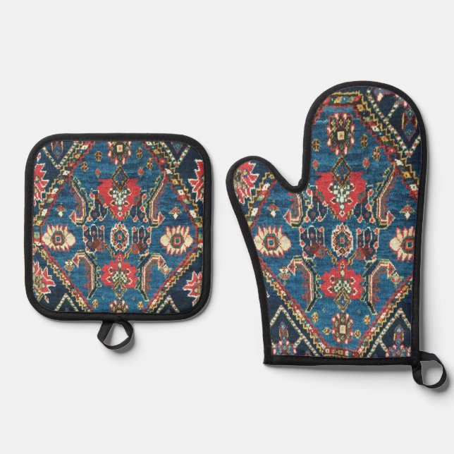 Antique Persian Turkish Carpet, Blue Oven Mitt & Pot Holder Set (Front)
