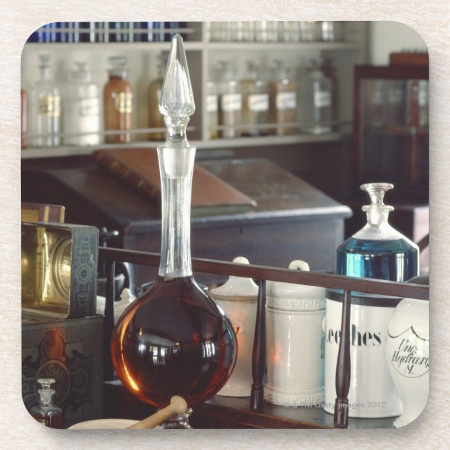 Antique pharmacy bottles drink coaster (Front)