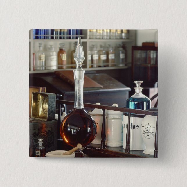 Antique pharmacy bottles pinback button (Front)