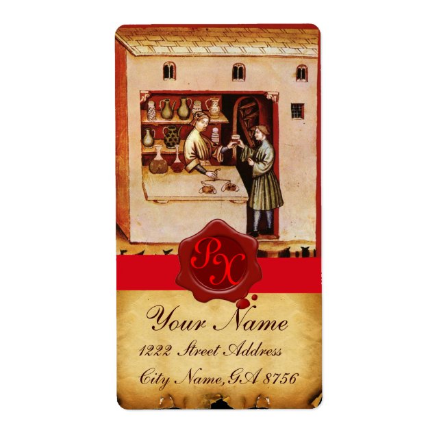 ANTIQUE PHARMACY RED WAX SEAL MONOGRAM LABEL (Front)