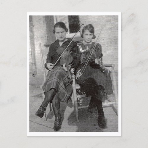 Antique photo of two women with violins postcard