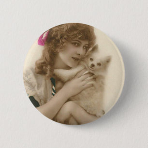 Antique Photo Victorian Woman and Dog Button