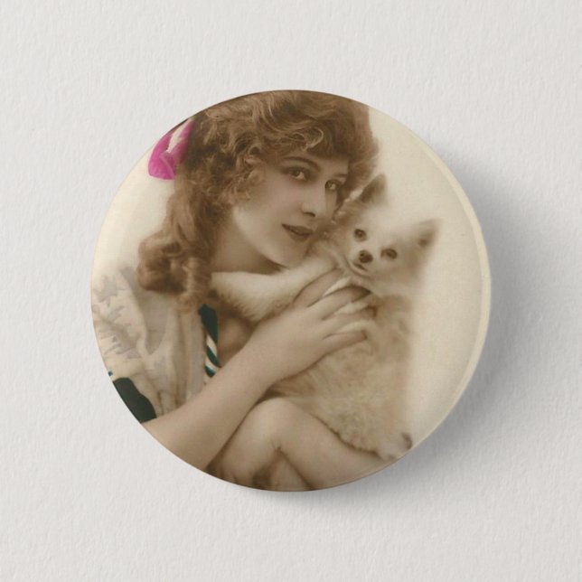 Antique Photo Victorian Woman and Dog Button (Front)