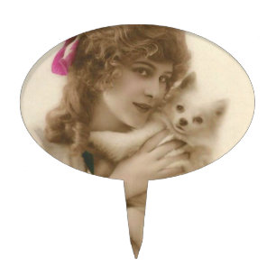 Antique Photo Victorian Woman and Dog Cake Topper