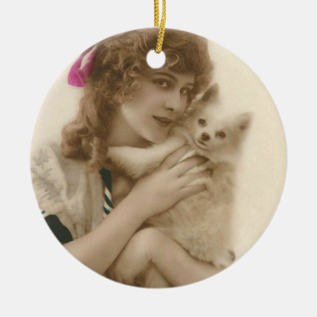 Antique Photo Victorian Woman and Dog Ceramic Ornament (Front)