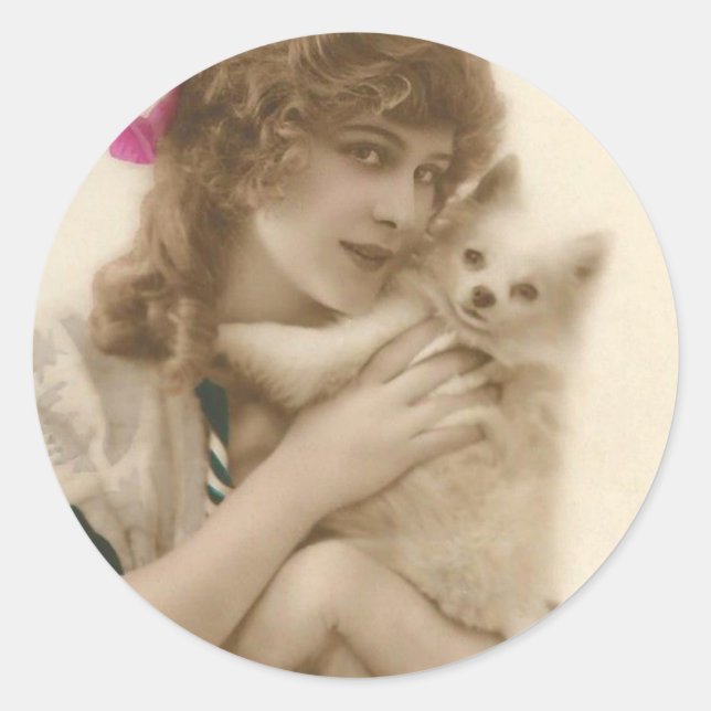 Antique Photo Victorian Woman and Dog Classic Round Sticker (Front)