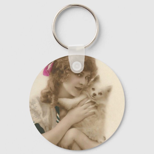 Antique Photo Victorian Woman and Dog Keychain (Front)