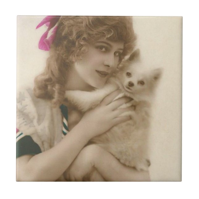 Antique Photo Victorian Woman and Dog Tile (Front)