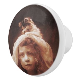 Antique Photograph Girl Cat on Head Funny Ceramic Knob