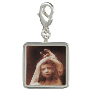 Antique Photograph Girl Cat on Head Funny Charm