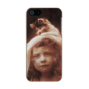 Antique Photograph Girl Cat on Head Funny Metallic Phone Case For iPhone SE/5/5s
