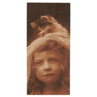 Antique Photograph Girl Cat on Head Funny Wood Flash Drive