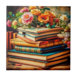 Antique Pile of Vintage Books and Flowers Ceramic Tile