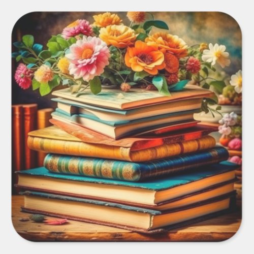 Antique Pile of Vintage Books and Flowers Square Sticker
