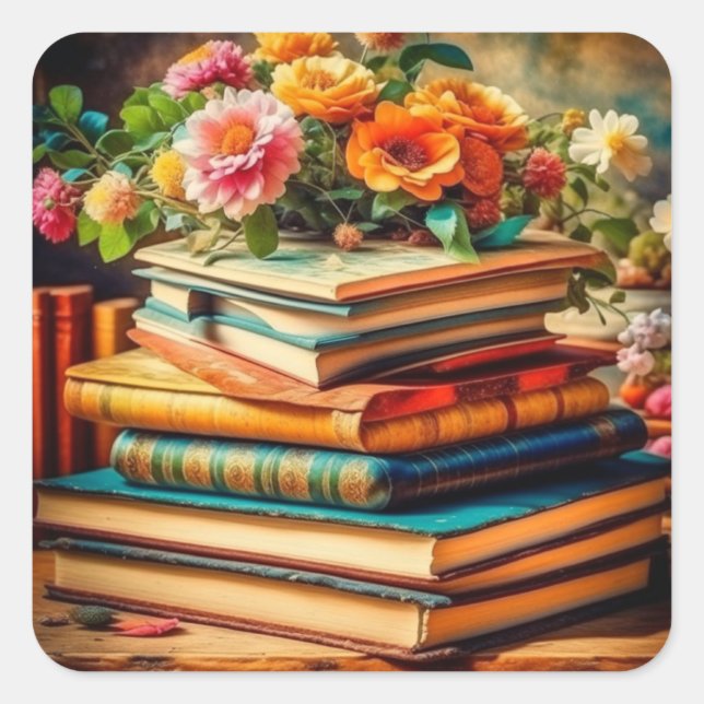 Antique Pile of Vintage Books and Flowers Square Sticker (Front)