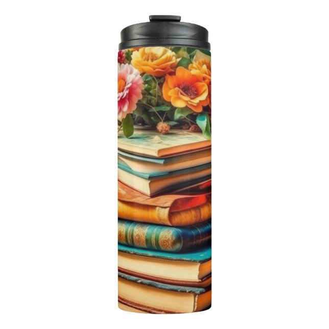 Antique Pile of Vintage Books and Flowers Thermal Tumbler (Front)