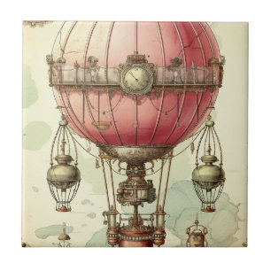 Antique Pink Balloon Airship Victorian Ceramic Tile