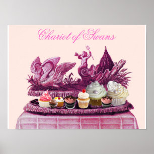 ANTIQUE PINK CHARIOT OF SWANS AND CUPCAKES POSTER
