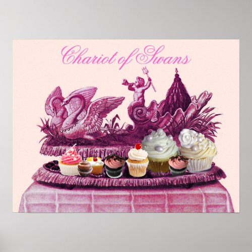 ANTIQUE PINK CHARIOT OF SWANS AND CUPCAKES POSTER