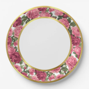 Antique Pink & Dk Pink Victorian Garden Roses Gold Paper Plates