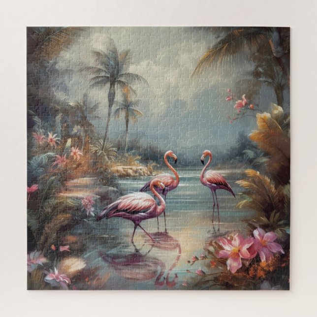 Antique Pink Flamingo Tropical Paradise Art Jigsaw Puzzle (Vertical)