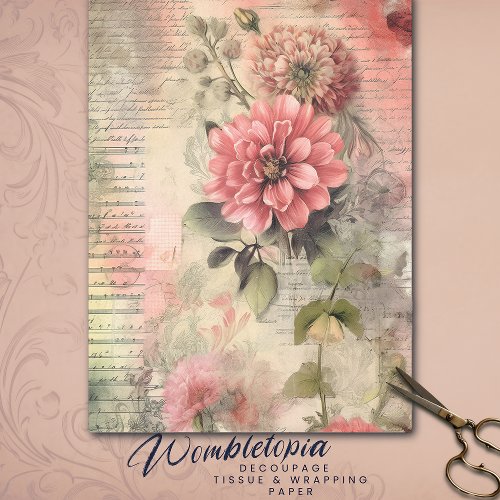 Antique Pink Floral Ephemera Script Decoupage Tissue Paper
