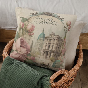 Antique Pink Floral Vintage Bicycle French Paris Throw Pillow