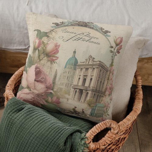 Antique Pink Floral Vintage Bicycle French Paris Throw Pillow