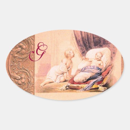 ANTIQUE PINK GIRL BABY SHOWER MONOGRAM OVAL STICKER