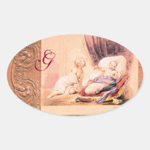 ANTIQUE PINK GIRL BABY SHOWER MONOGRAM OVAL STICKER