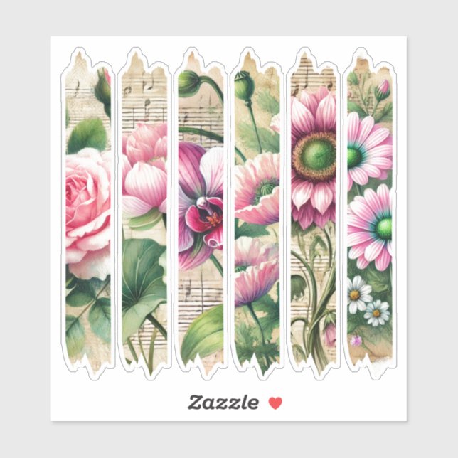 Antique Pink & Green Flowers Washi Tape Scrapbook Sticker (Sheet)