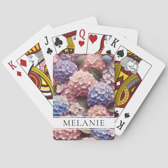Antique Pink Hydrangea Botanical Custom Name Poker Cards (Back)
