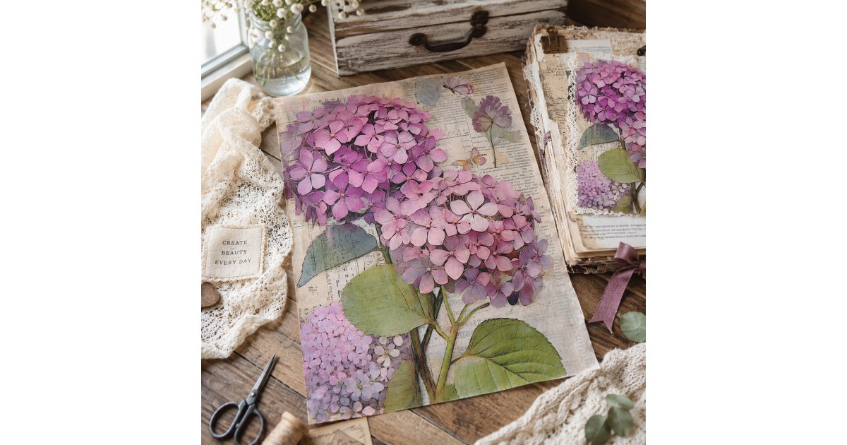 Empherma Script Paper Antique Pink Hydrangea Ephemera Script Decoupage Tissue Paper | Zazzle