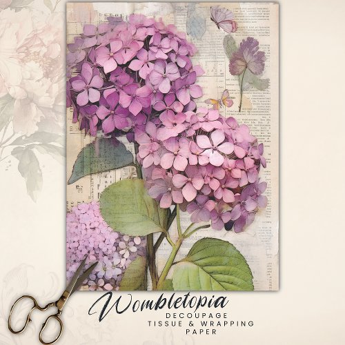 Antique Pink Hydrangea Ephemera Script Decoupage Tissue Paper