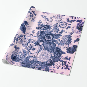 Antique Pink Indigo Blue Vintage Floral Toile Wrapping Paper